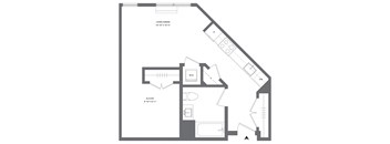 A floor plan of a house with a living/dining area, a kitchen, a bathroom, and an alcove.