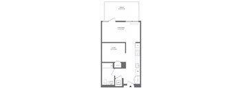 A floor plan of a small apartment with a terrace, living/dining area, and a loft.