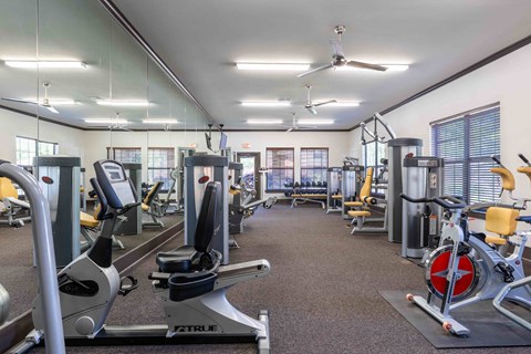 Sugar Mill Apartments in Addis, LA photo of a gym with cardio equipment and weights in a building with windows
