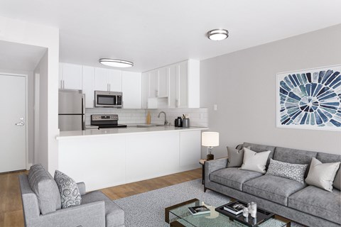 A modern living room with a grey couch and a coffee table.