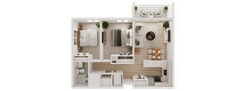 A top-down view of a small, well-organized apartment with a bedroom, living room, and kitchen area.