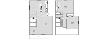 A floor plan of a two bedroom apartment with a living room, dining room, kitchen, and bathroom.