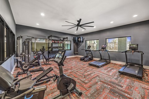 Modern fitness center at Summit on Boulder Apartments equipped with state-of-the-art cardio machines, a variety of free weights, and stylish decor.