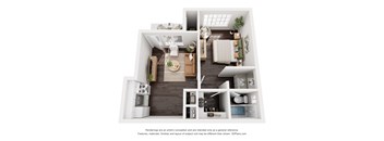 3D floor plan of a one-bedroom apartment at Sunnyside Senior Apartments in San Dimas, CA — pet-friendly 55+ community with open living area and modern layout.