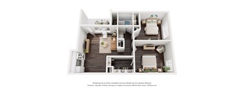 3D floor plan of a two-bedroom apartment at Sunnyside Senior Apartments in San Dimas, CA — spacious pet-friendly 55+ senior living layout with full kitchen and private patio