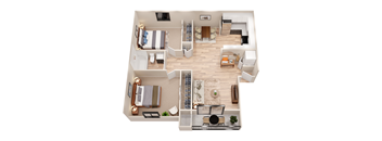 a 3d drawing of the living room and dining room of a 1 bedroom apartment