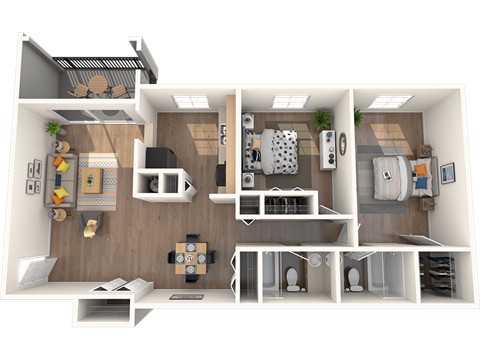 Apartments in Tampa, FL for Rent – Belara Lakes – 3D floorplan of our 2 bed, 2 bath, 1048 sq. ft. Swan floorplan