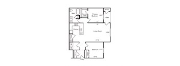 A floor plan of a house with a living room, kitchen, two bedrooms and a bathroom.