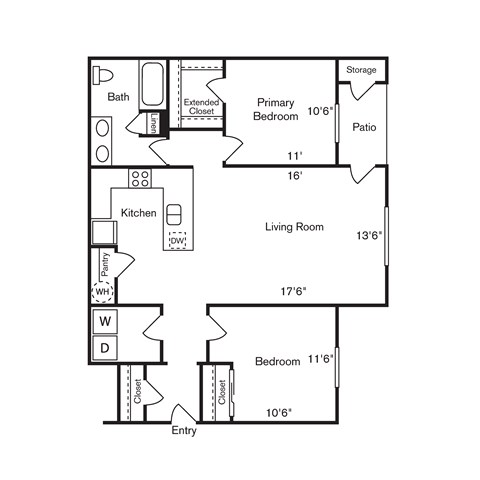 A floor plan of a house with a living room, kitchen, two bedrooms and a bathroom.