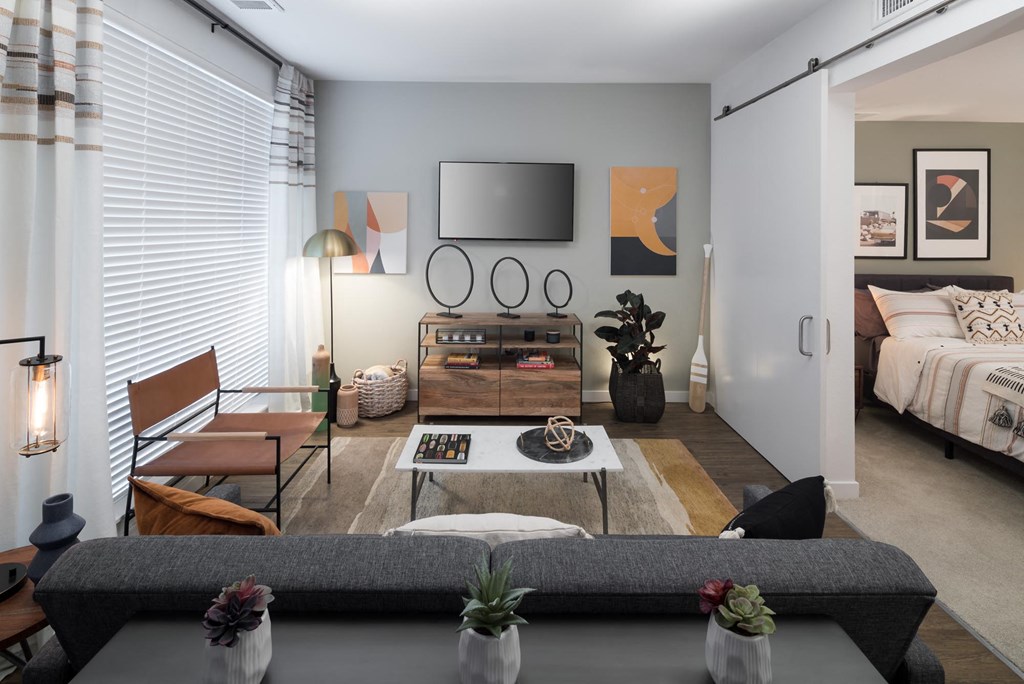 a living room with a couch and a television