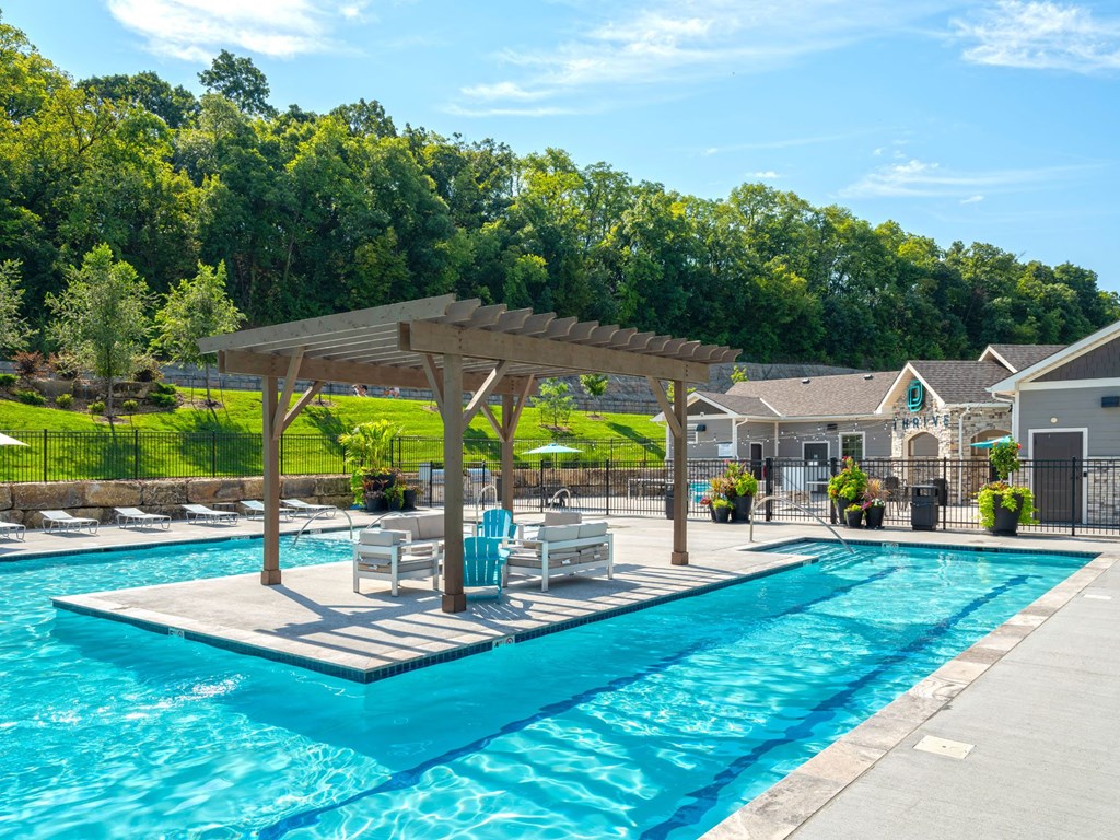 a swimming pool with a wooden canopy over it