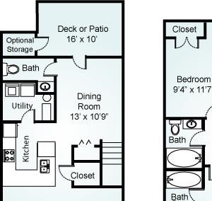 The Blyth - Three Bedroom-2.5 Bath Floorplan The Blyth, 3 Bed, 2.5 Bath, 1410 sq. ft.
