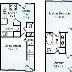 The Crowe - Two Bedroom-1.5 Bath Floorplan The Crowe, 2 Bed, 1.5 Bath, 1100 sq. ft.