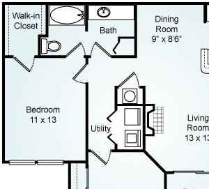 THE BAKER Floorplan The Baker, 2 Bed, 1 Bath, 965 sq. ft.