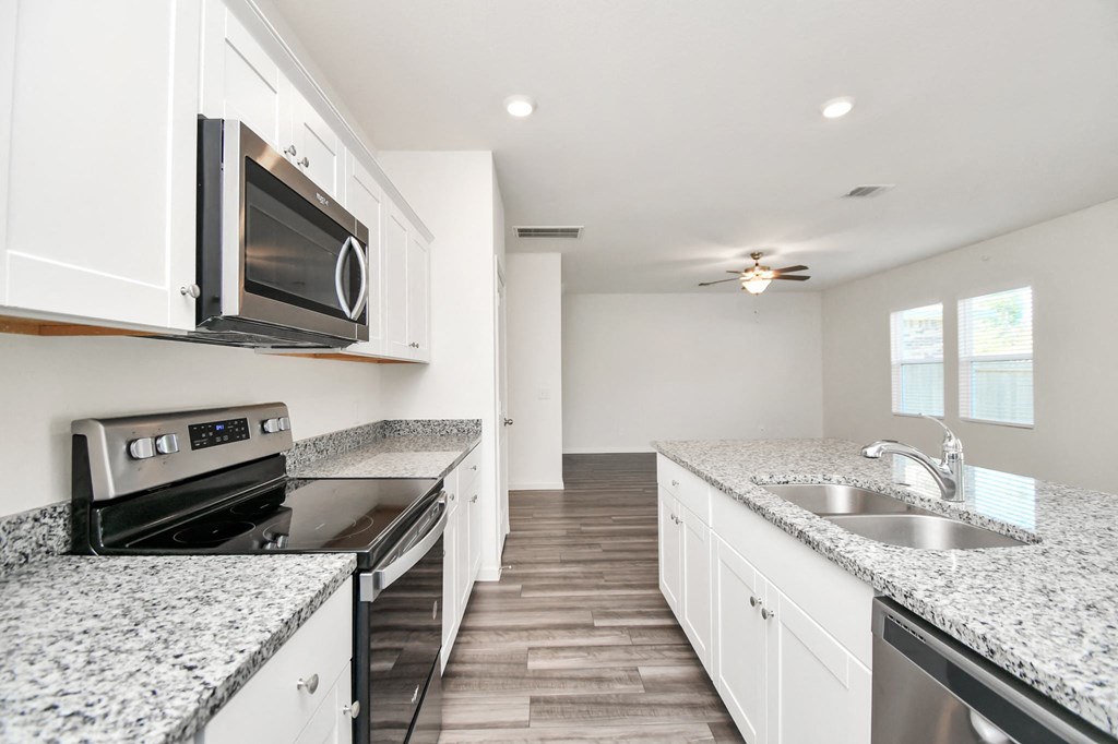 Pet-Friendly Homes for Rent in Houston TX - Imperial Forest - Modern Kitchen with White Cabinetry, Stainless Steel Appliances, GRanite Countertops, Dual Silver Sink, and Wood-Style Flooring