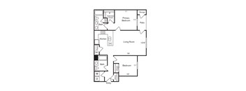 A floor plan of a house with a living room, kitchen, two bedrooms, a bath, and storage.