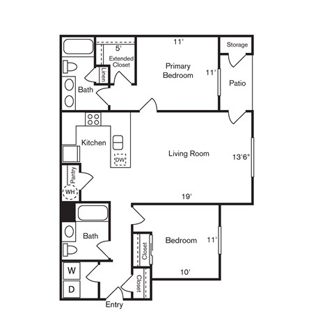 A floor plan of a house with a living room, kitchen, two bedrooms, a bath, and storage.