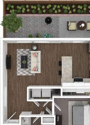 1 Bed 1 Bath 633 square feet 3d furnished floor plan 1 Story Duplex