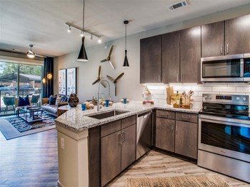 Grand Prairie Apartments- Modern Kitchen With Gray Wood Cabinets, Granite Countertops, and Stainless Steel Appliances - Photo Gallery 6