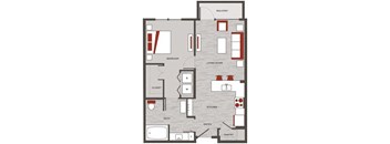 a floor plan of a home with red and white accents