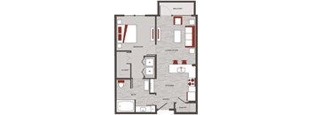 a floor plan of a home with red and white accents