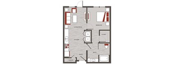 a floor plan of a building with red and white accents