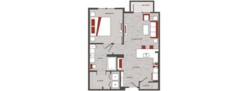 a floor plan of a home with red and white accents