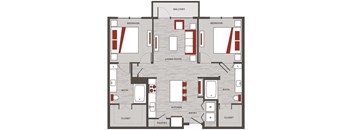 a floor plan of a home with red and white accents