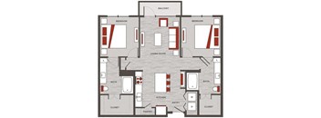 a floor plan of a home with red and white accents