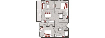 a floor plan of a house with red and white accents