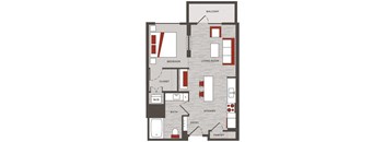 a floor plan of a home with red and white accents
