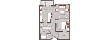 a floor plan of a building with red and white accents