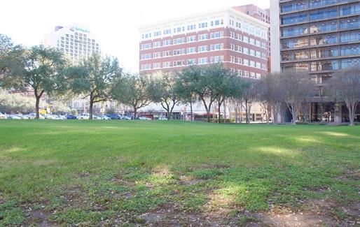 a field of grass in a city with tall buildings
