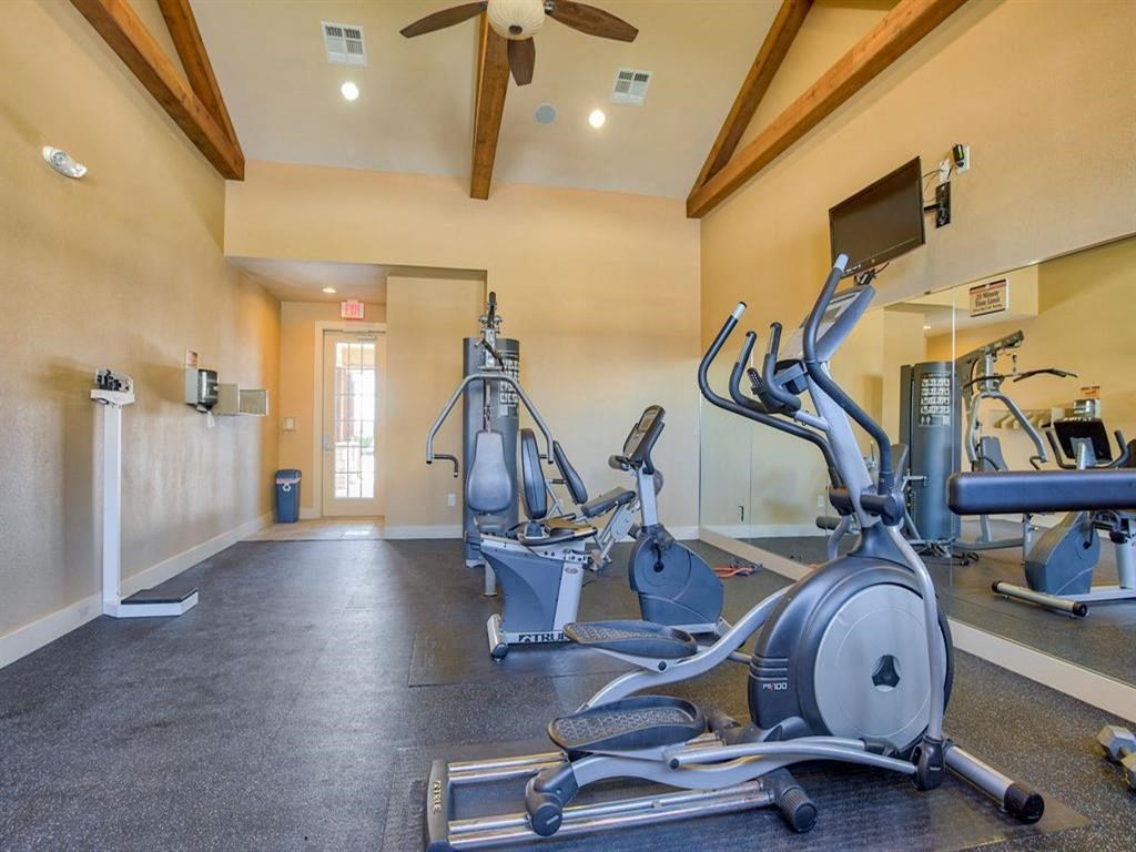 gym with a big mirror, lifting equipment, cardio equipment, and windows