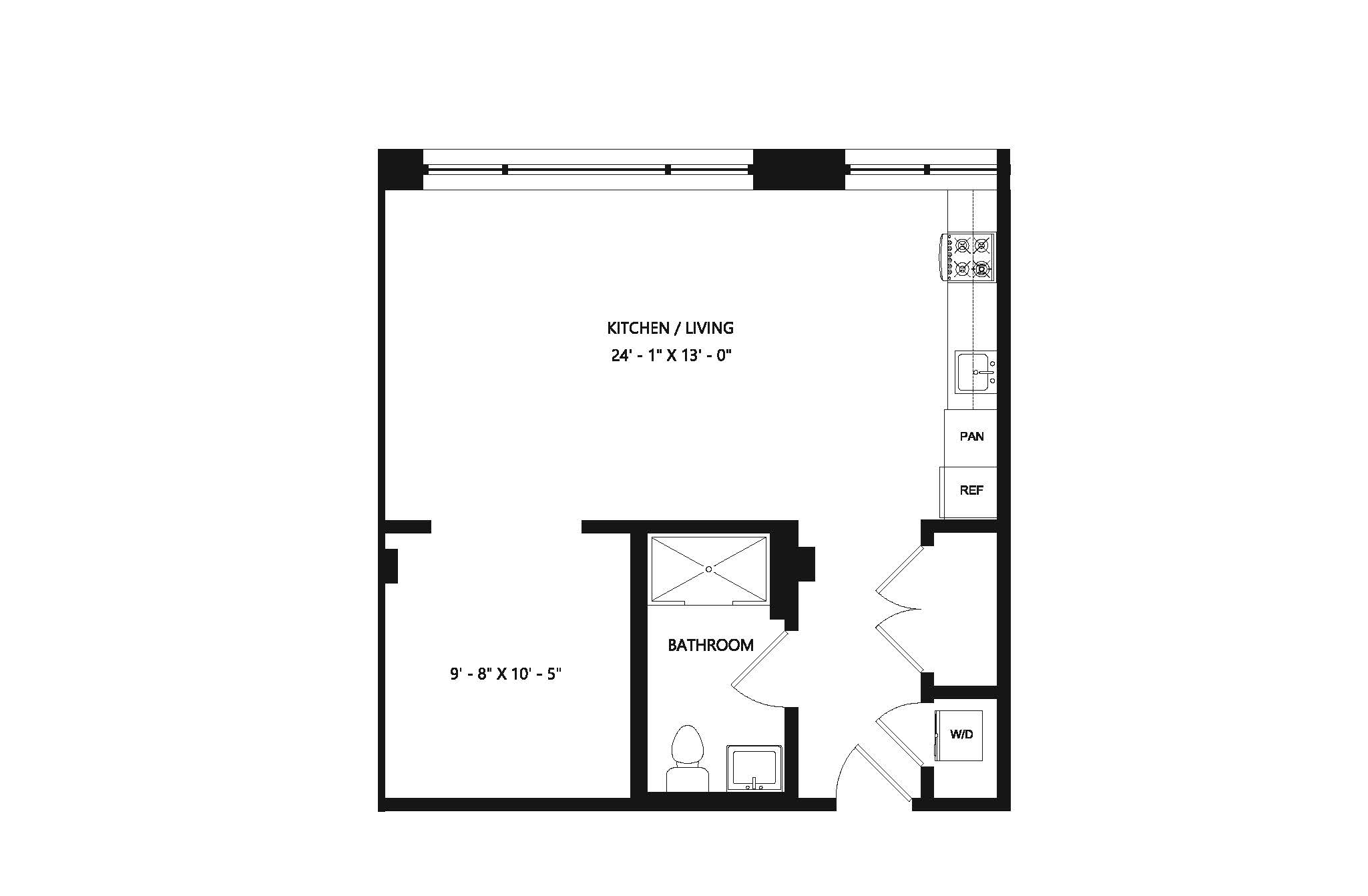 A floor plan of a small apartment with a kitchen, bathroom, and living room.