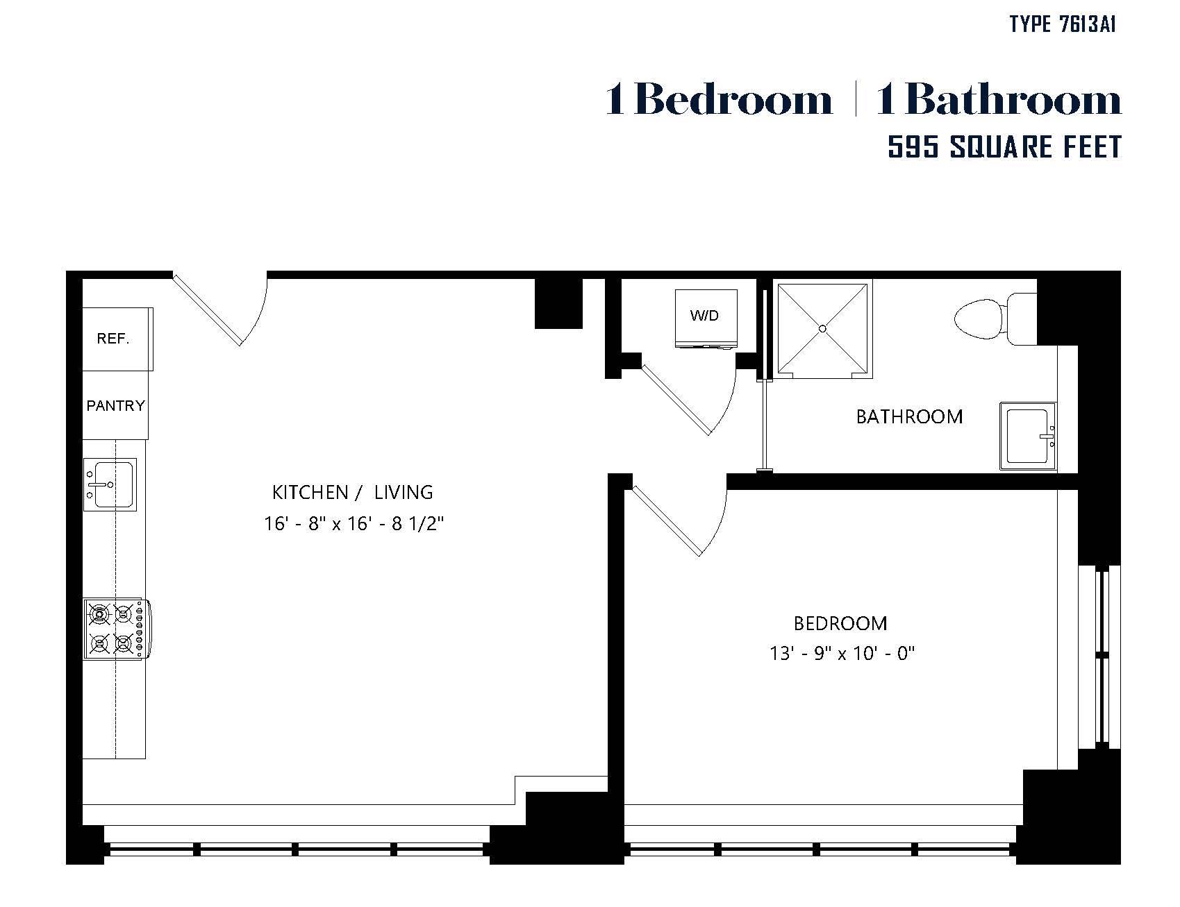 A black and white image of a floor plan for a 1 bedroom, 1 bathroom apartment.