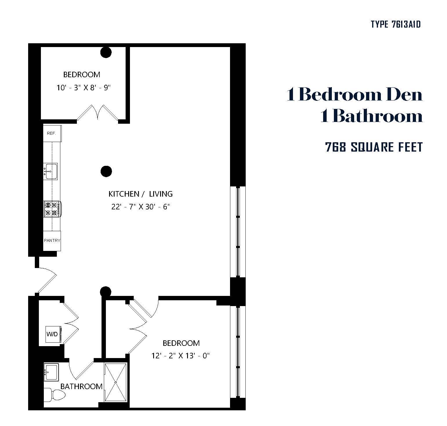 A black and white image of a floor plan for a 768 square foot home with one bedroom and one bathroom.