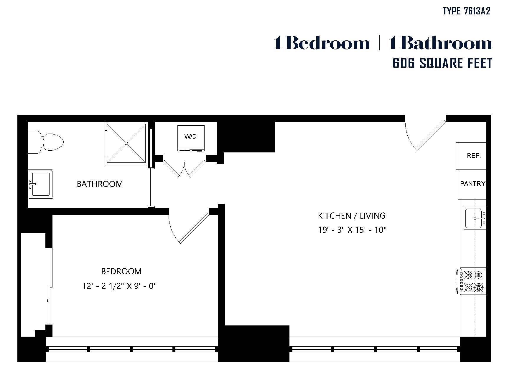 A floor plan of a small apartment with one bedroom and one bathroom.