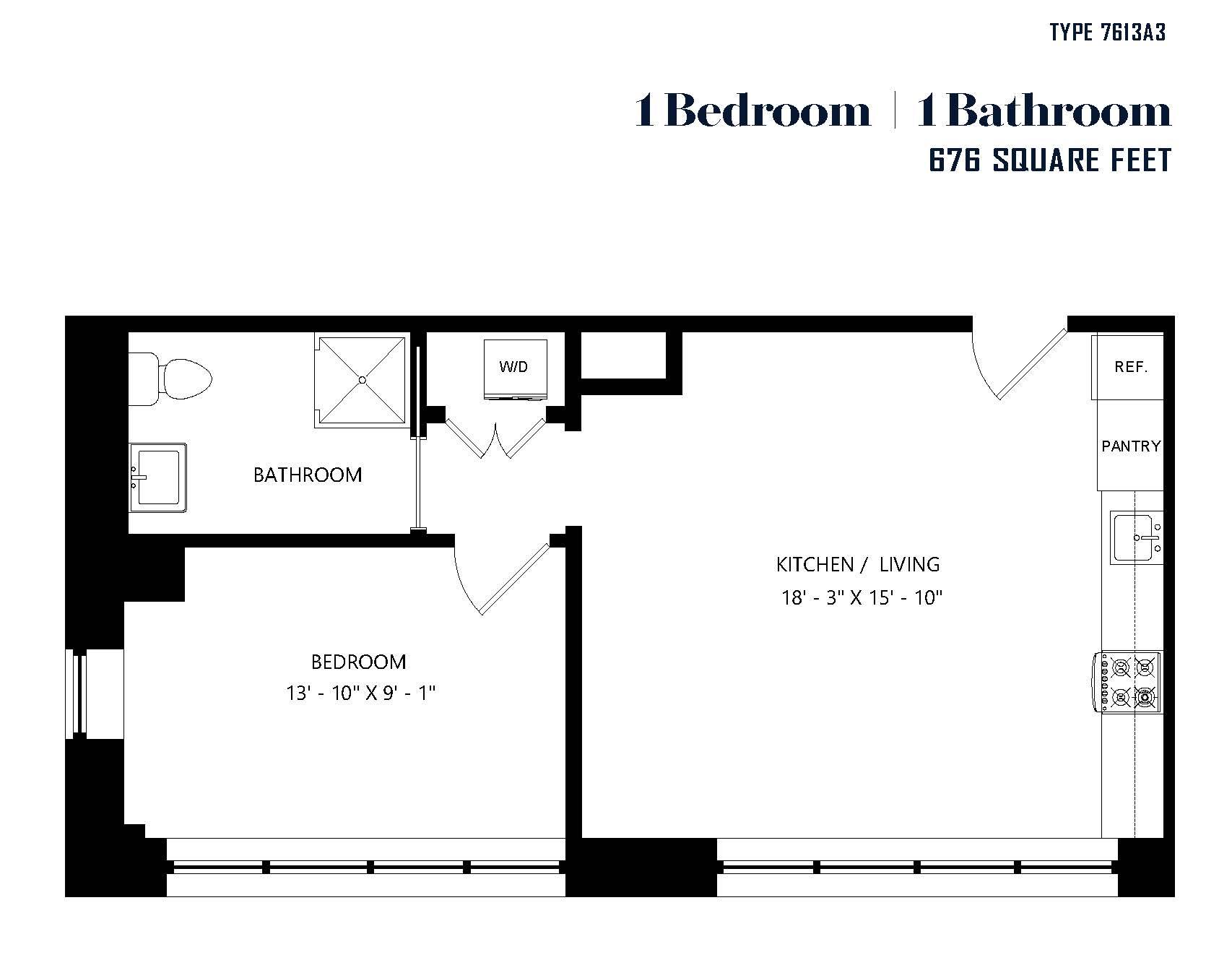 A floor plan of a small apartment with a bedroom, bathroom, kitchen, and living room.