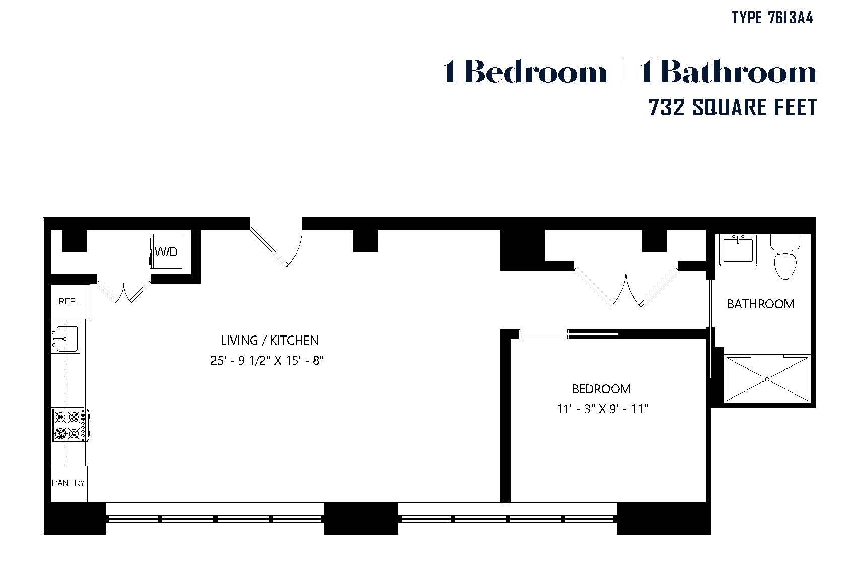 A floor plan of a small apartment with one bedroom and one bathroom.