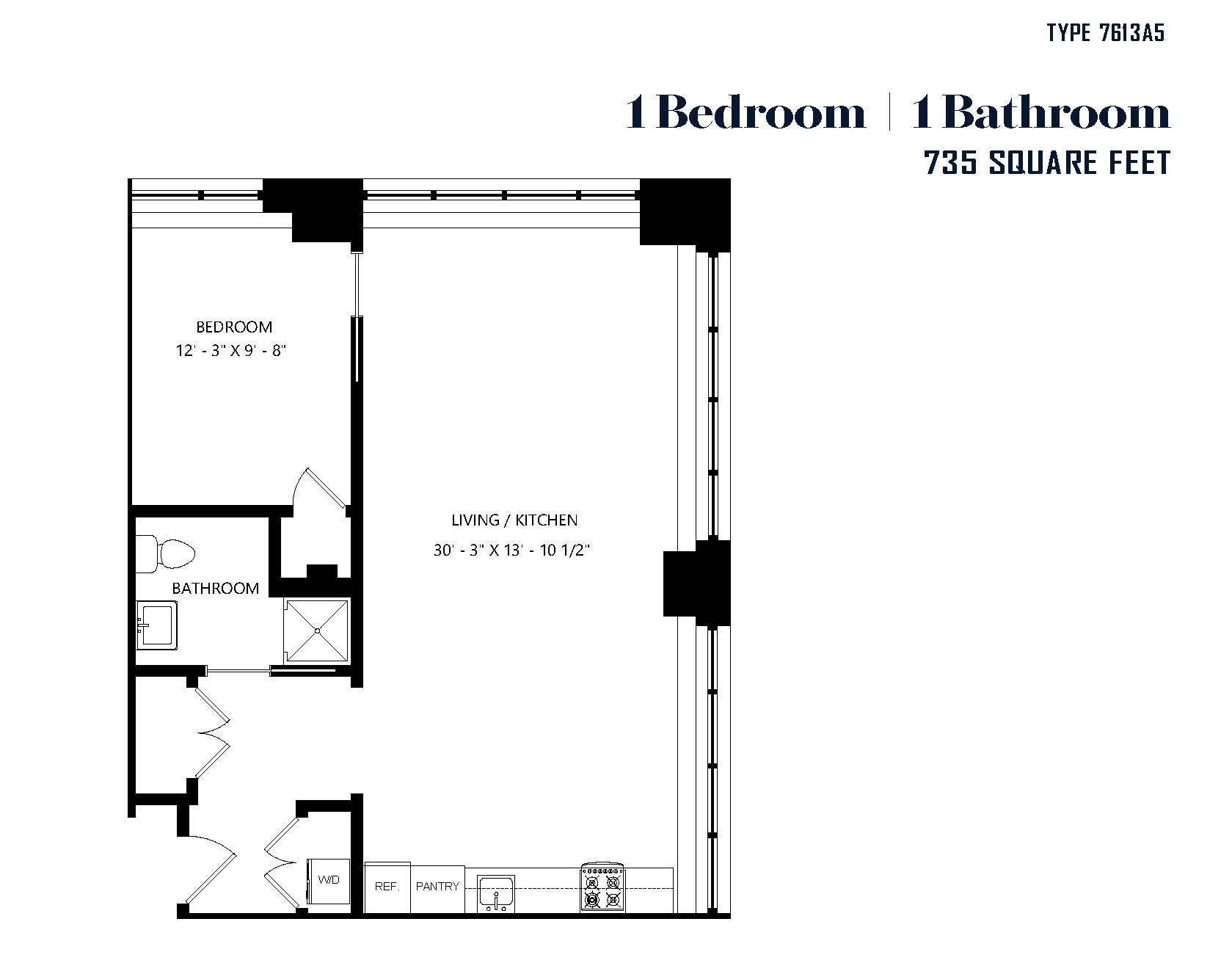 A floor plan of a one bedroom apartment with a bathroom.