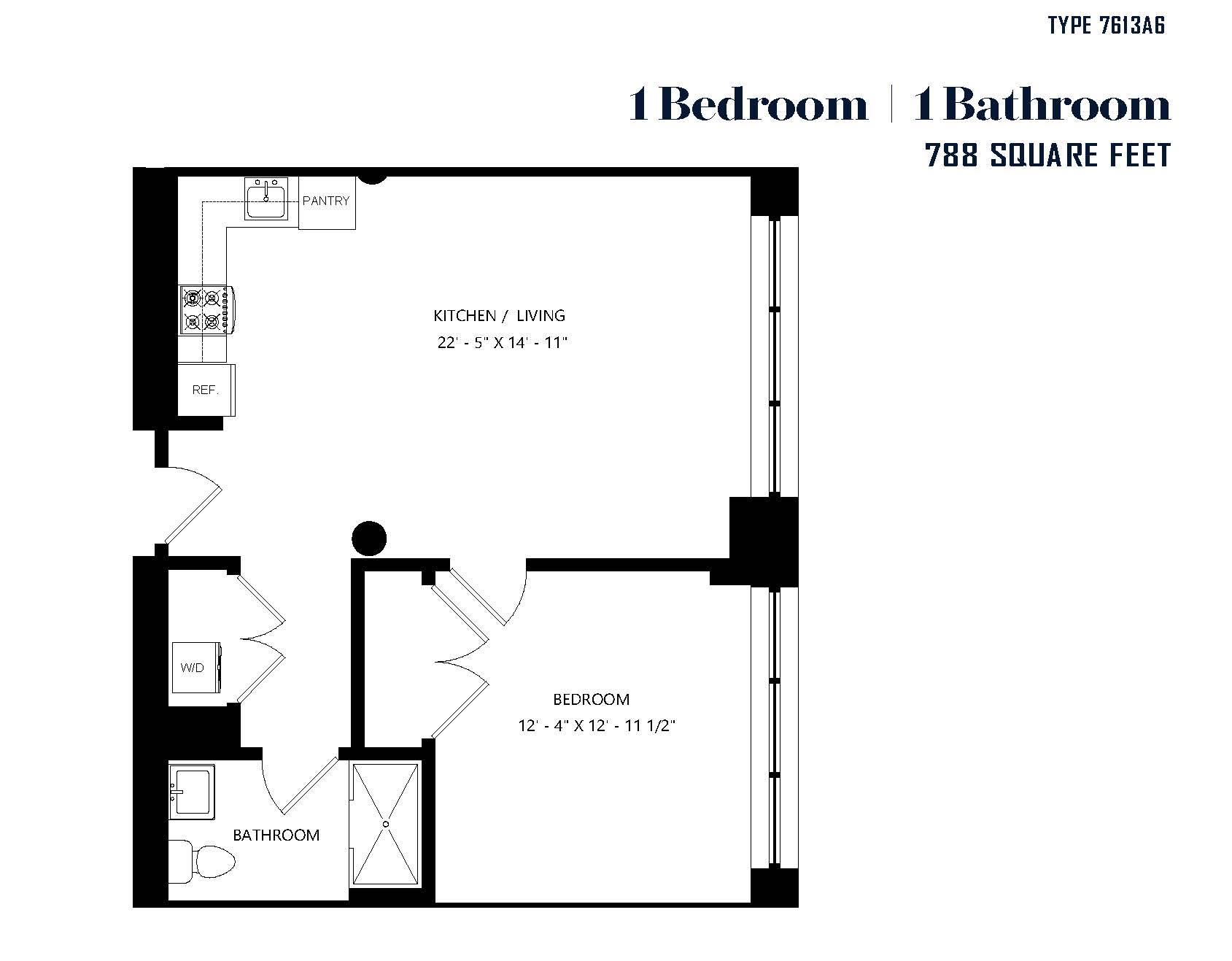 A black and white image of a floor plan for a 1 bedroom and 1 bathroom apartment.