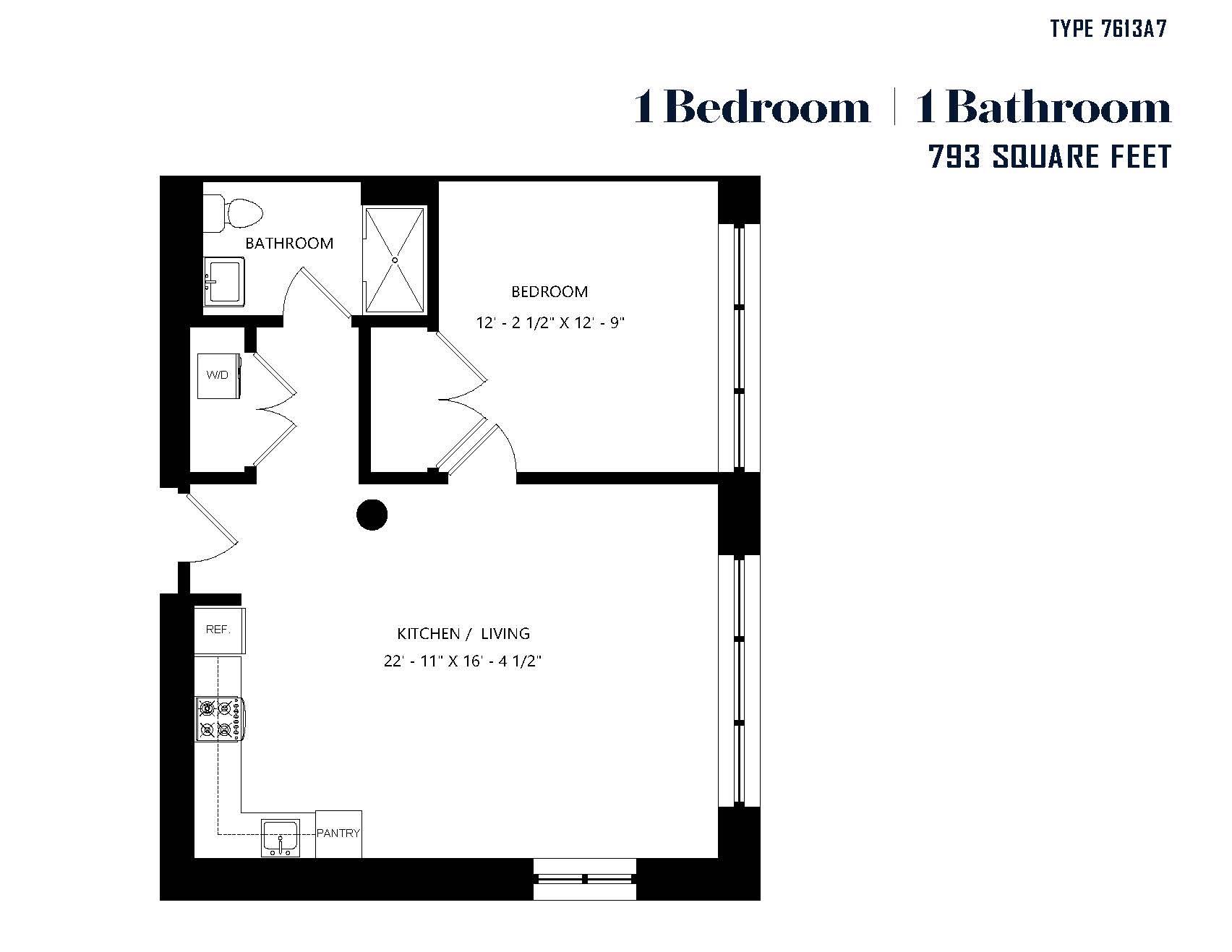 A floor plan of a one bedroom and one bathroom apartment.