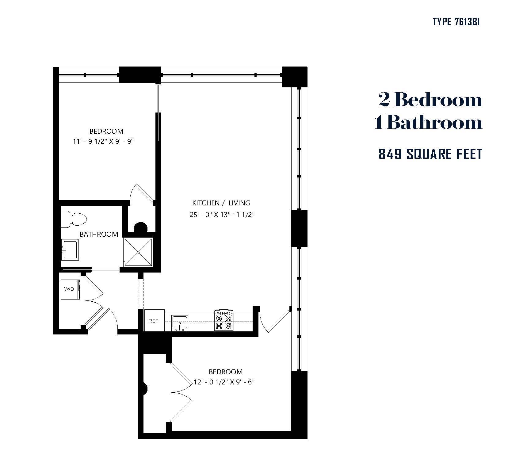 A floor plan for a 2 bedroom 1 bathroom apartment.