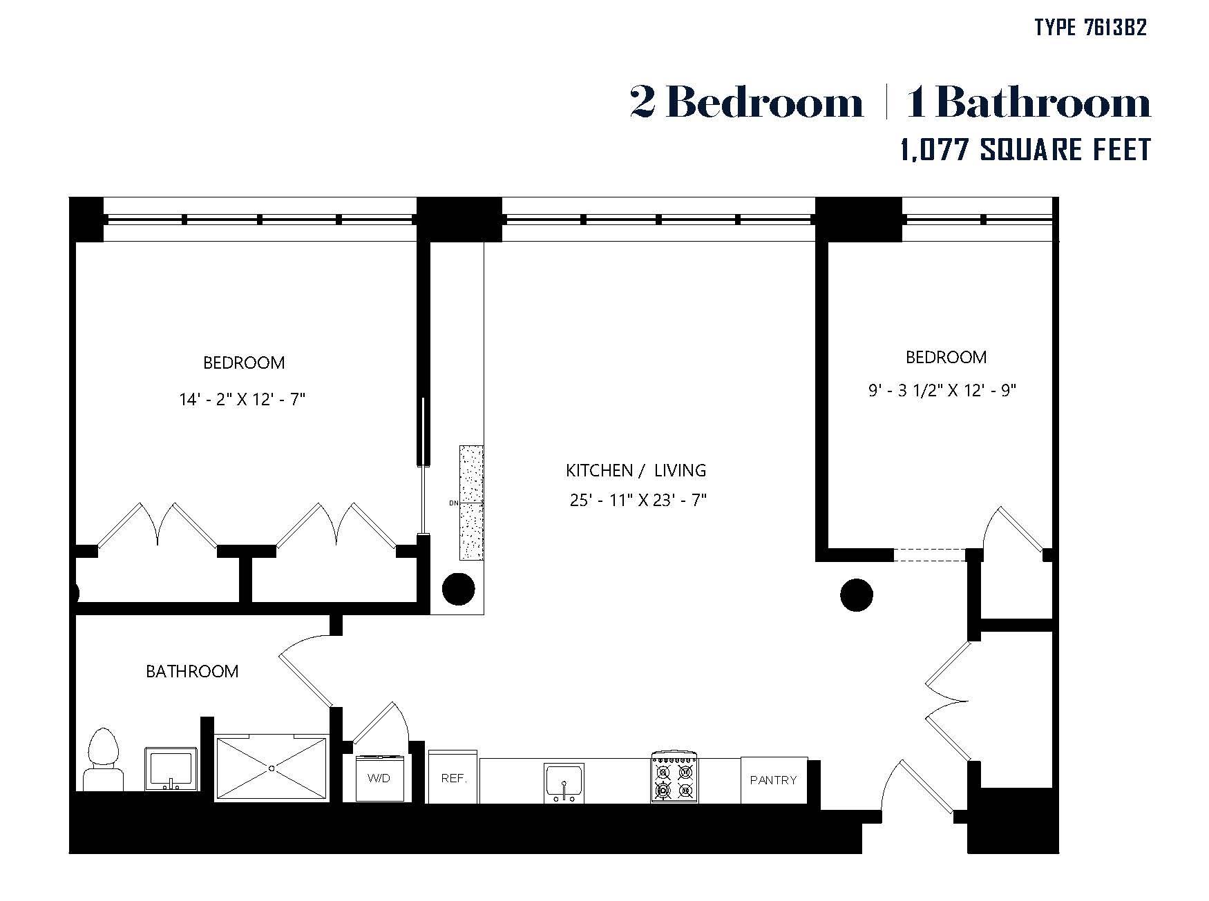 A floor plan of a small apartment with two bedrooms and one bathroom.
