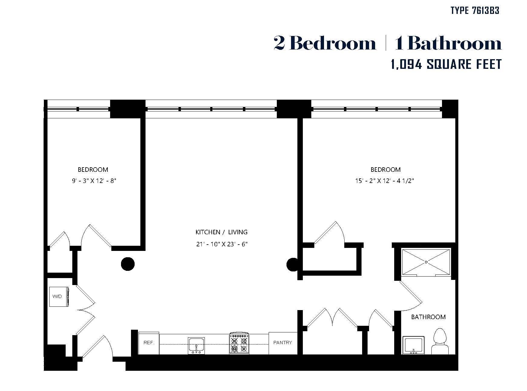 A floor plan of a small apartment with two bedrooms and one bathroom.