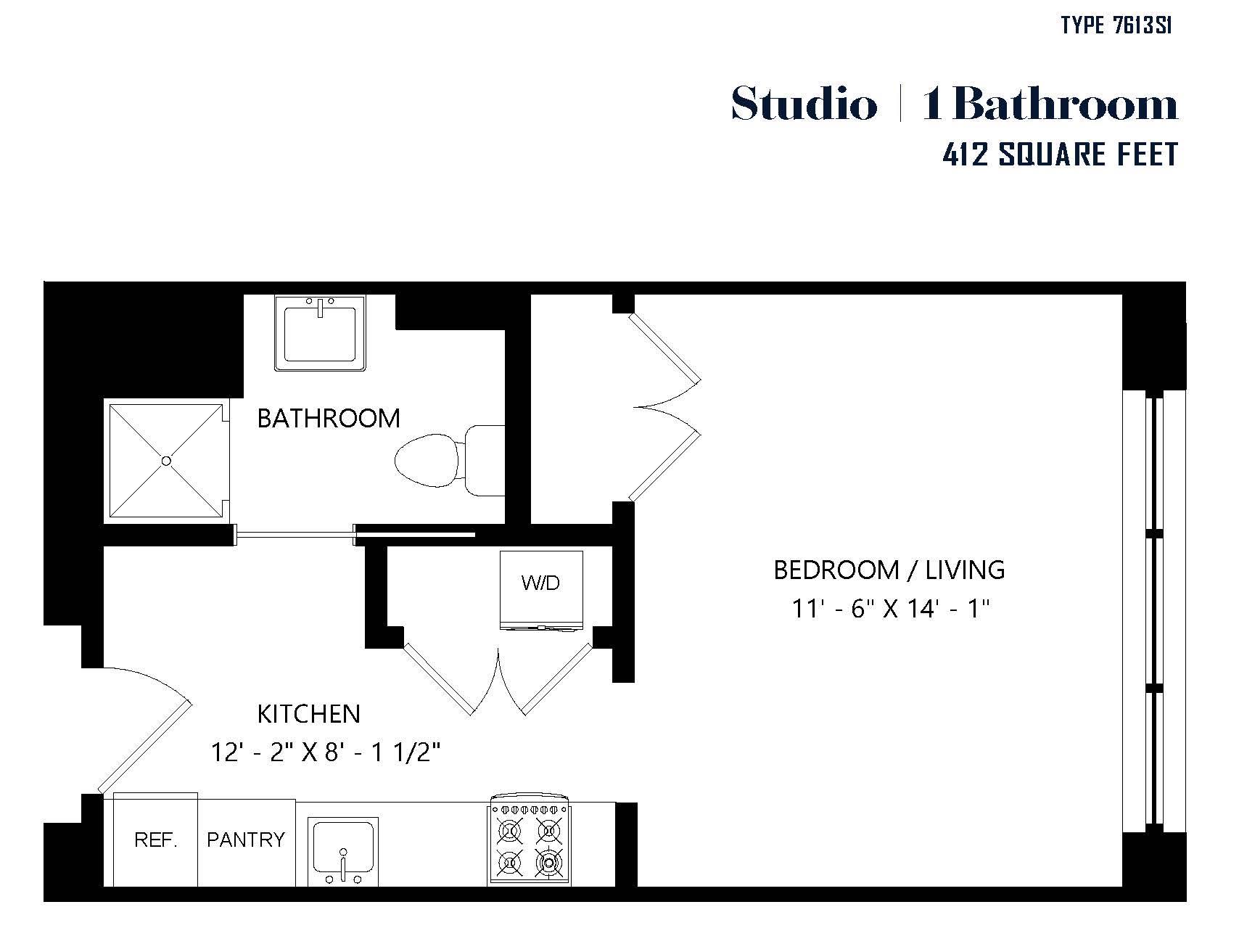 A black and white floor plan of a studio apartment with a bathroom, kitchen, and bedroom.
