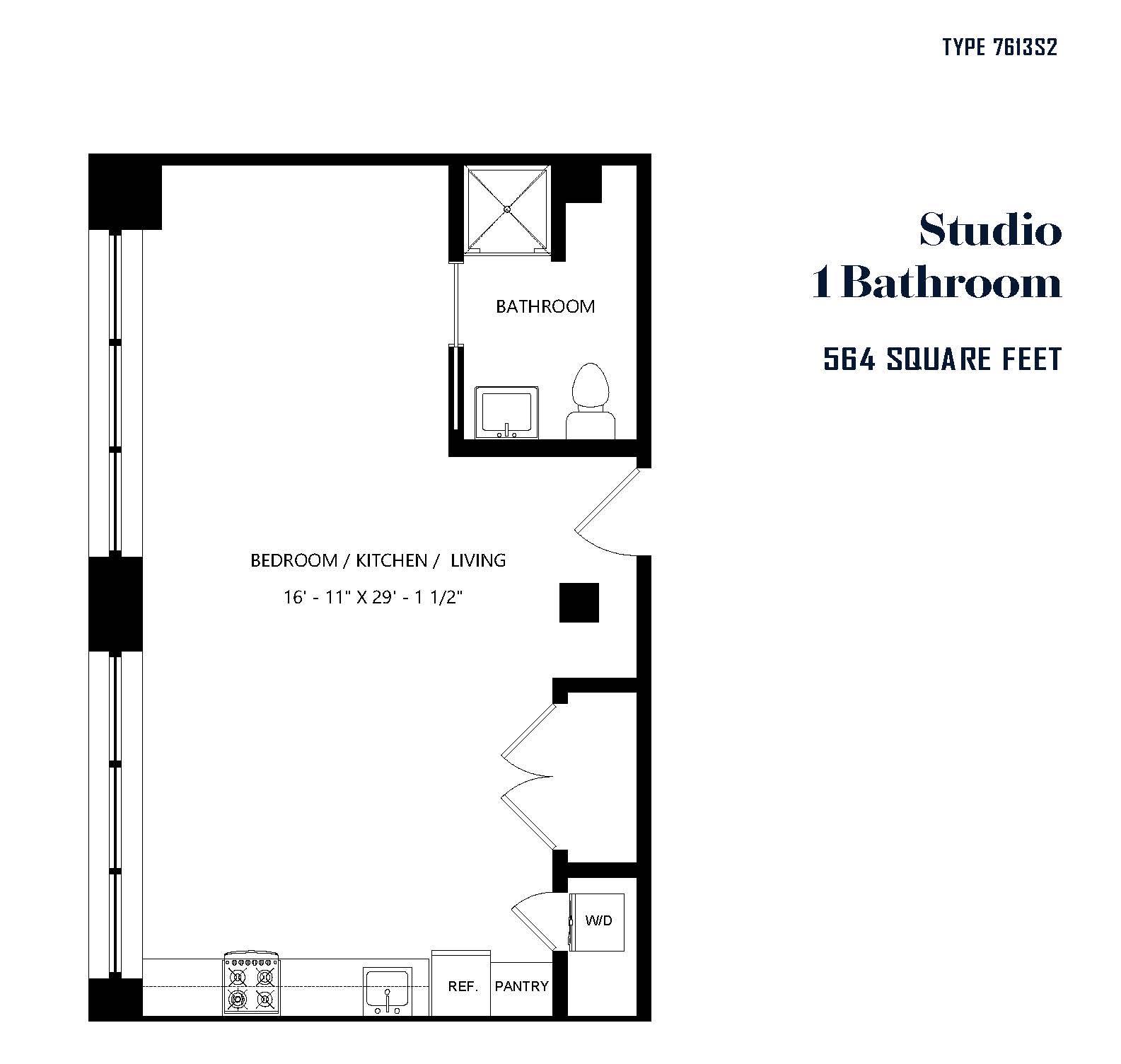 A black and white floor plan of a studio apartment with a bathroom, bedroom/kitchen/living area, and a pantry.