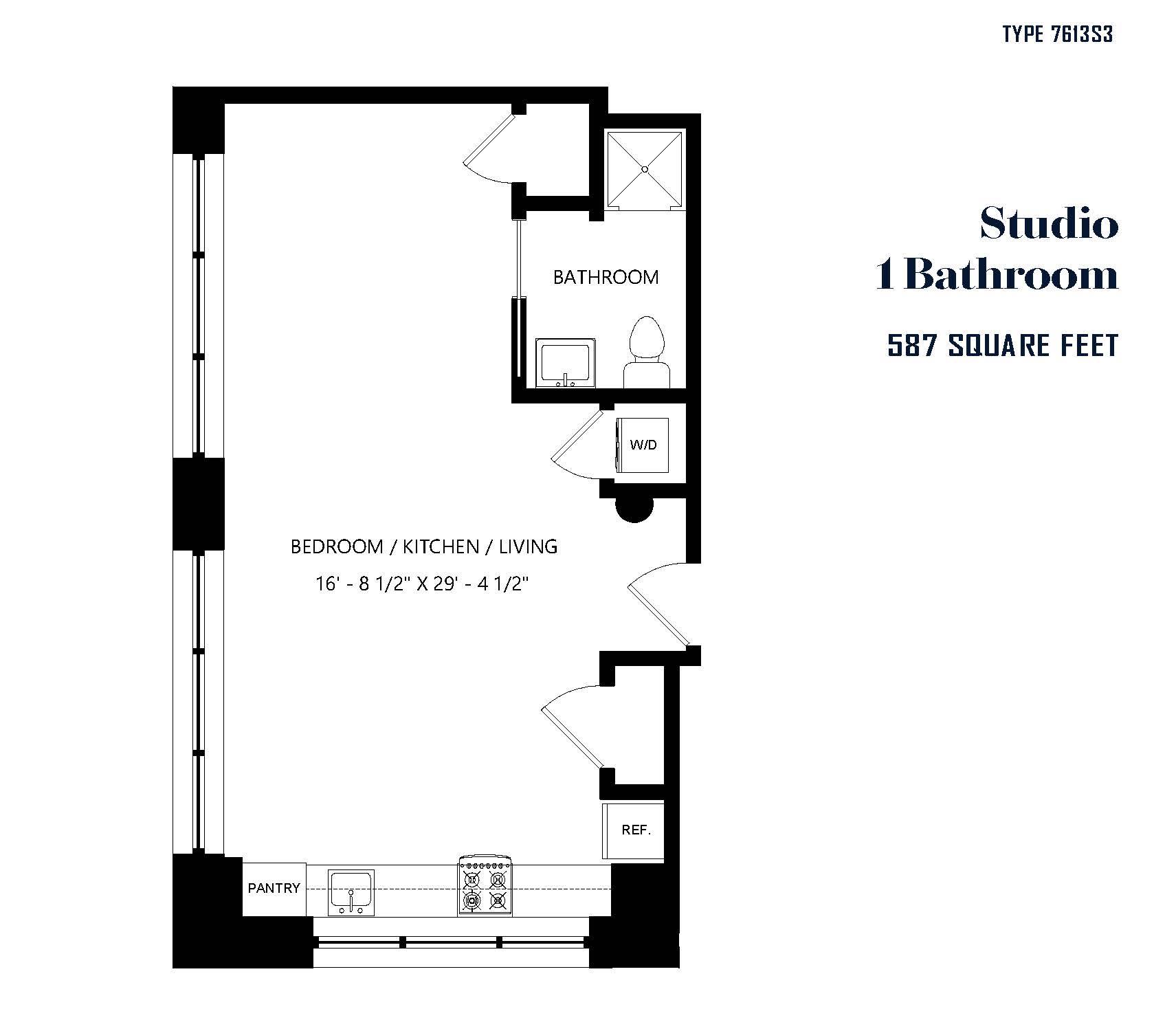 A black and white image of a studio apartment floor plan with a bathroom, bedroom/kitchen/living area, and pantry.
