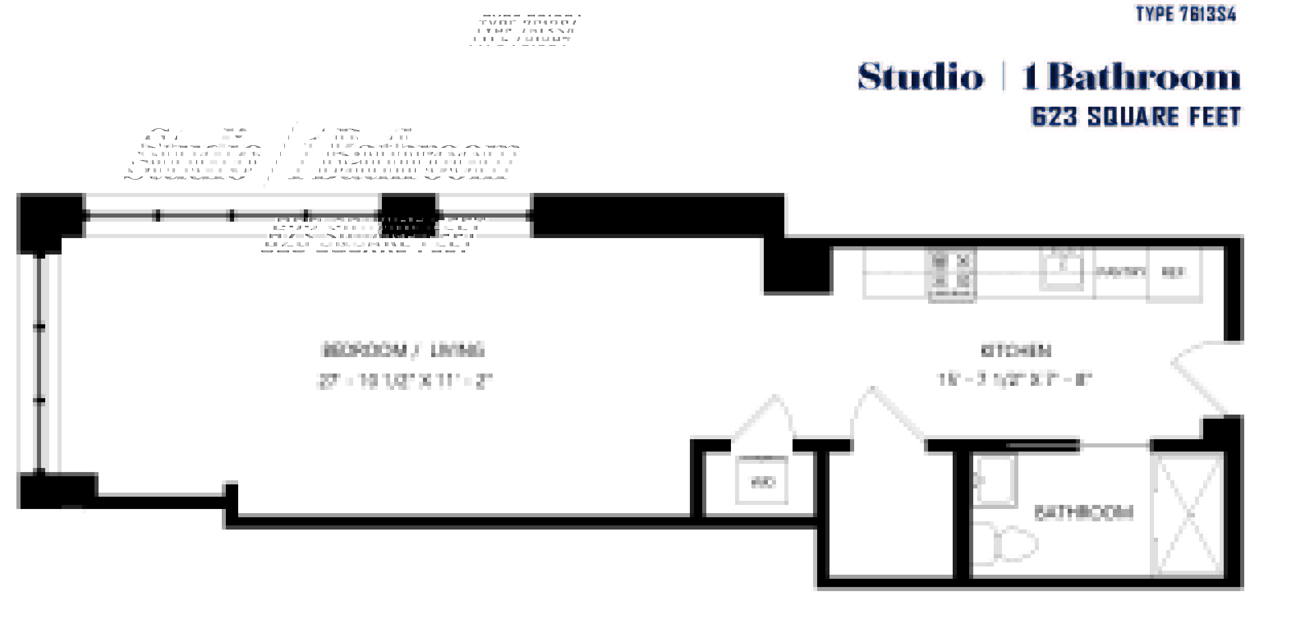 A black and white floor plan of a studio apartment with one bathroom.